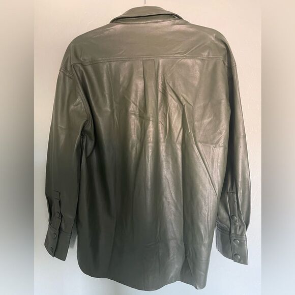 Lulus Vegan Leather Button-Up Oversized Shacket Army Green, XS - Picture 3 of 6